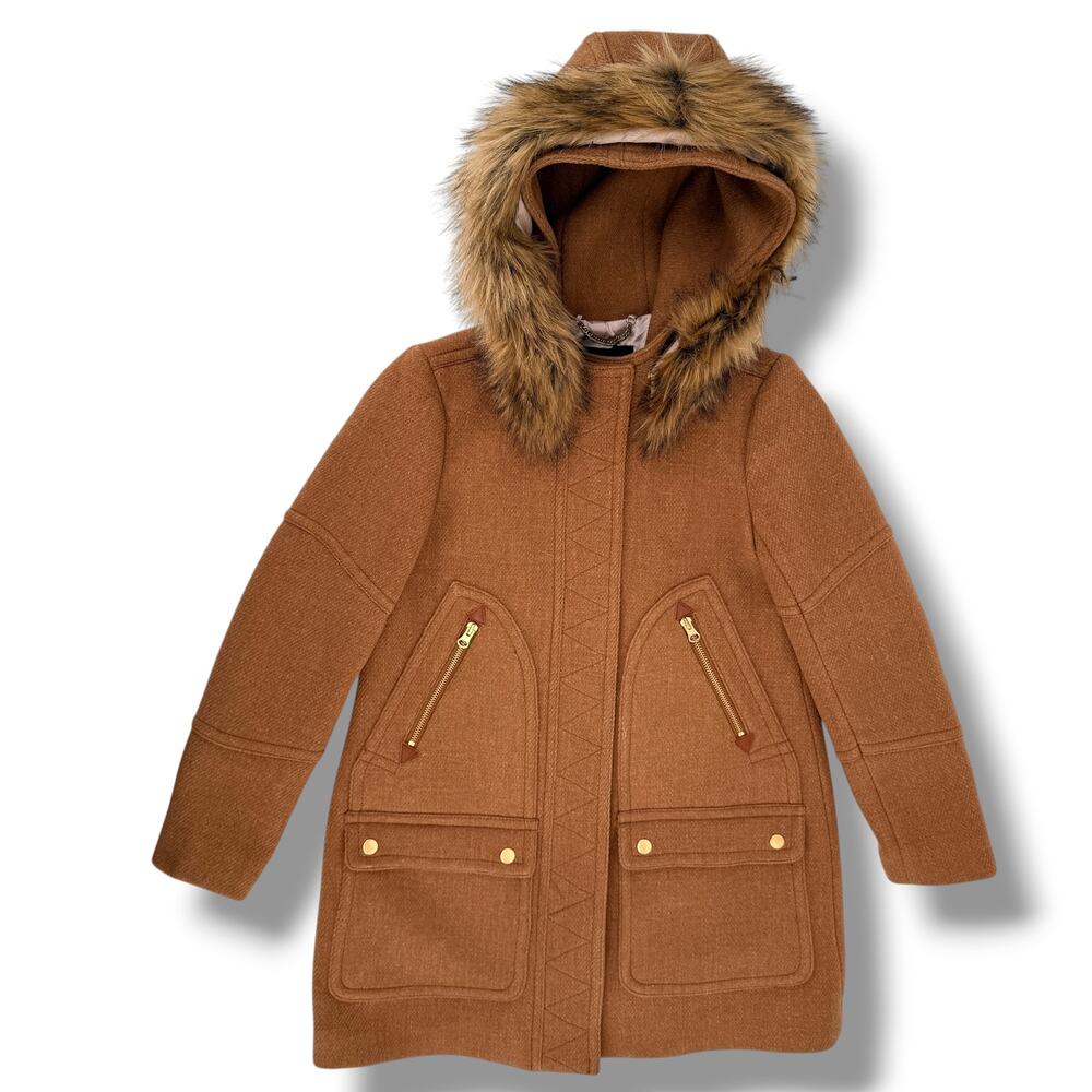 J. Crew Chateau Stadium Cloth Nello Gori Wool Coat Sz 0P Camel Brown Faux Fur